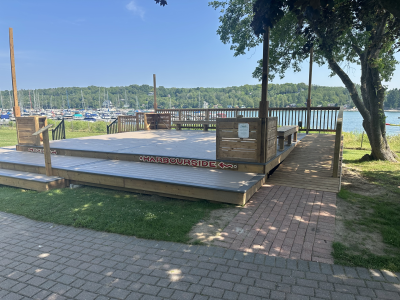 A picture of an accessible ramp installed at the Harbourside Stage in Lion's Head.